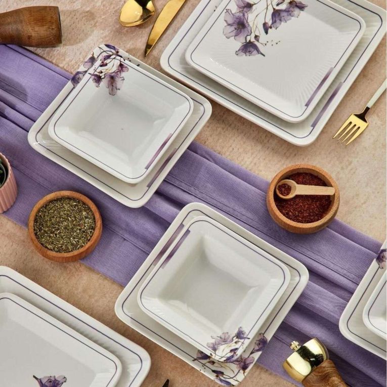 Servizio Piatti Bianco Viola set da 24 Colore Struttura Viola, Adatto per Lavastoviglie - Pakara