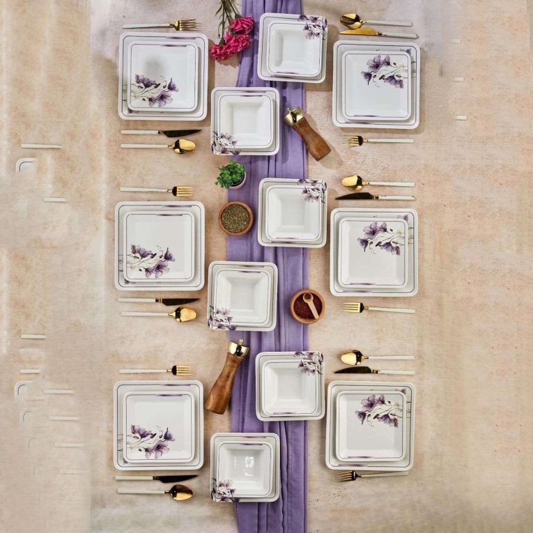 Servizio Piatti Bianco Viola set da 24 Colore Struttura Viola, Adatto per Lavastoviglie - Pakara