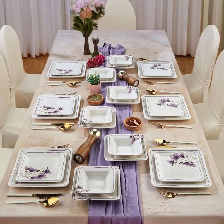 Servizio Piatti Bianco Viola set da 24 Colore Struttura Viola, Adatto per Lavastoviglie - Pakara
