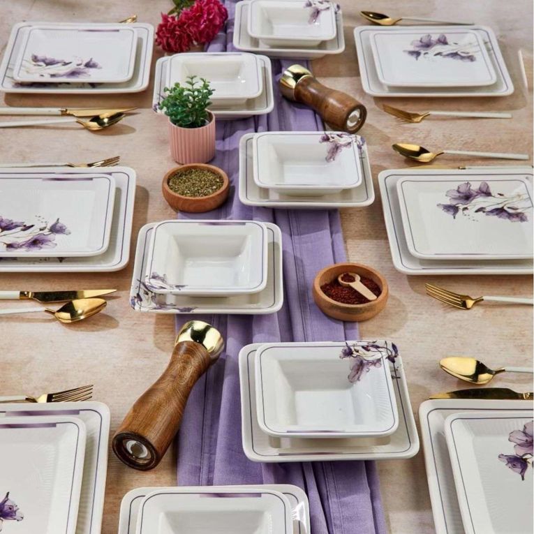 Servizio Piatti Bianco Viola set da 24 Colore Struttura Viola, Adatto per Lavastoviglie - Pakara
