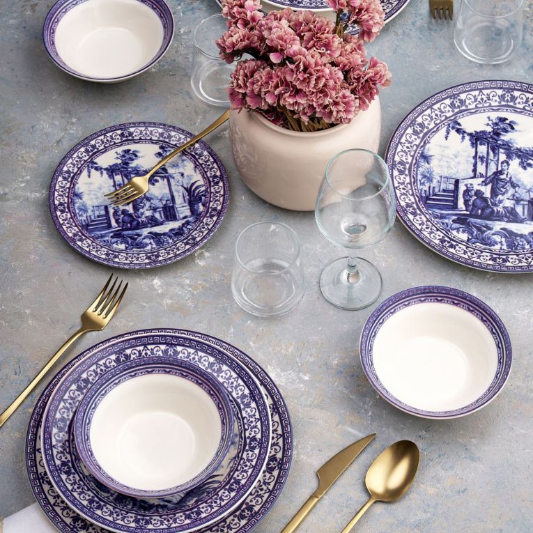 Servizio Piatti blu Bianco set da 24 Colore Struttura Bianco, Adatto per Lavastoviglie - Nimosene