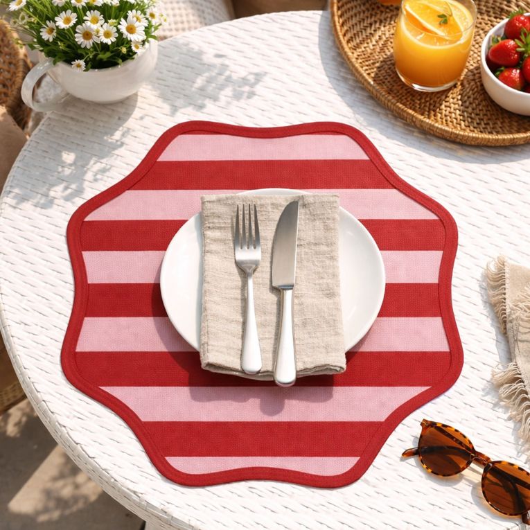 Set 2 Tovagliette-Sottopiatti in Ecopelle Hart, Rosso e Rosa 40x40 cm, Fantasia a righe, Lavabili e Antiscivolo, Indoor-Outdoor, Made in Italy