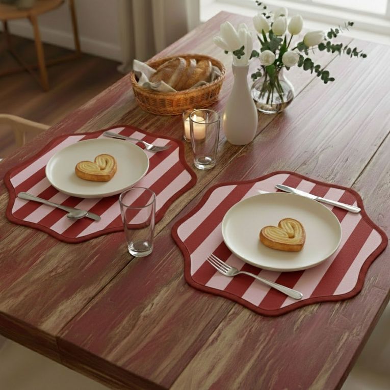 Set 2 Tovagliette-Sottopiatti in Ecopelle Hart, Rosso e Rosa 40x40 cm, Fantasia a righe, Lavabili e Antiscivolo, Indoor-Outdoor, Made in Italy
