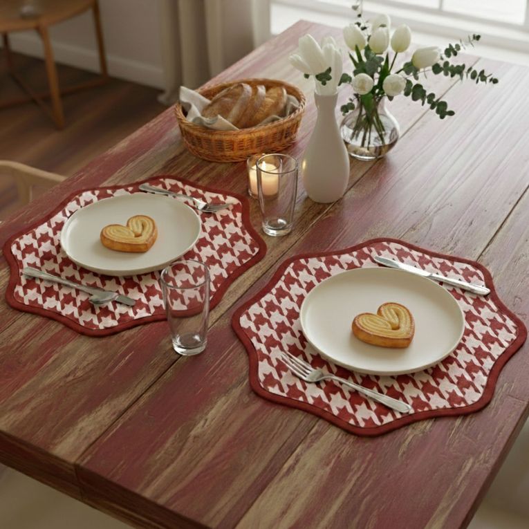 Set 2 Tovagliette-Sottopiatti in Ecopelle Serce, Rosso e Rosa 40x40 cm, Fantasia pied de poule, Lavabili e Antiscivolo, Indoor-Outdoor, Made in Italy