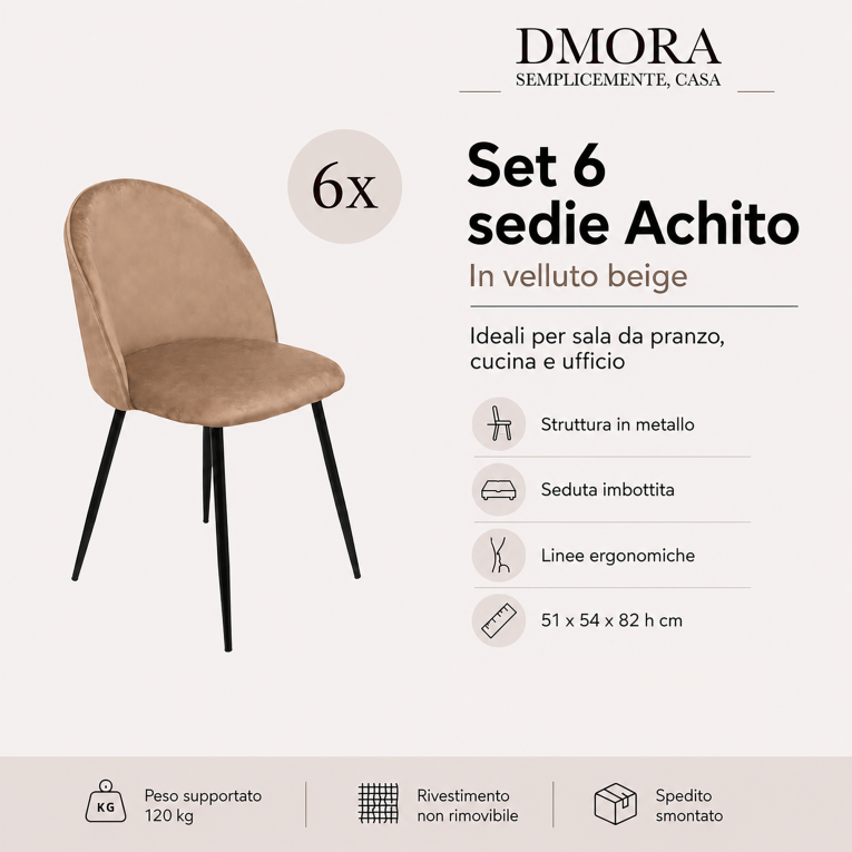Set 6 Sedie Moderne da Pranzo Imbottite in Velluto Beige Struttura Metallo Ergonomiche 51x54x82h cm per Ufficio e Soggiorno – Achito
