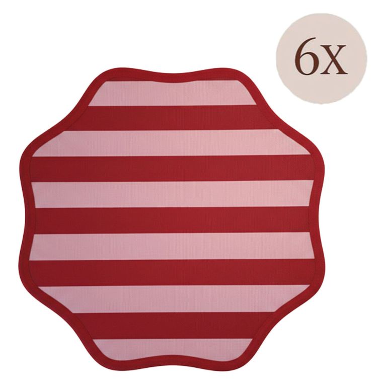 Set 6 Tovagliette-Sottopiatti in Ecopelle Hart, Rosso e Rosa 40x40 cm, Fantasia a righe, Lavabili e Antiscivolo, Indoor-Outdoor, Made in Italy