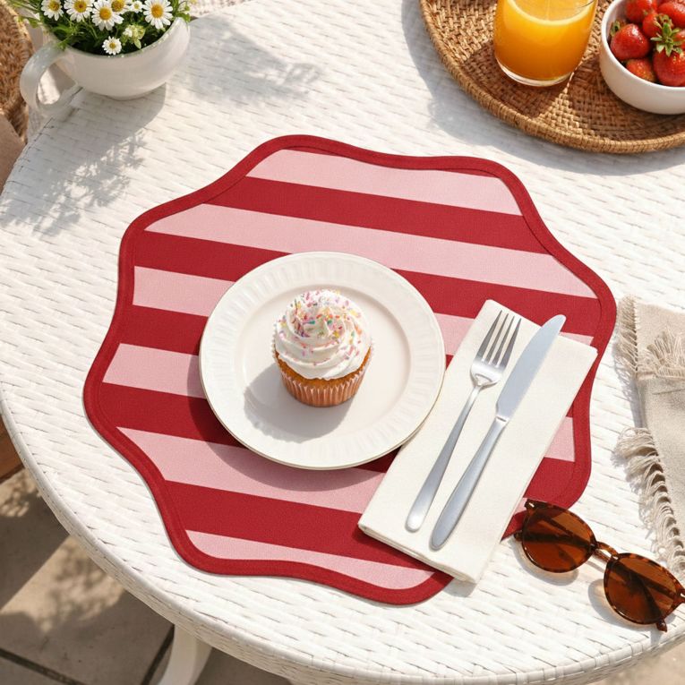 Set 6 Tovagliette-Sottopiatti in Ecopelle Hart, Rosso e Rosa 40x40 cm, Fantasia a righe, Lavabili e Antiscivolo, Indoor-Outdoor, Made in Italy