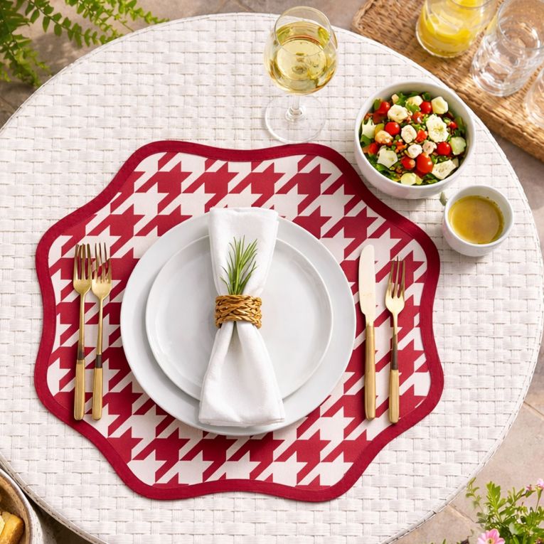 Set 6 Tovagliette-Sottopiatti in Ecopelle Serce, Rosso e Rosa 40x40 cm, Fantasia pied de poule, Lavabili e Antiscivolo, Indoor-Outdoor, Made in Italy