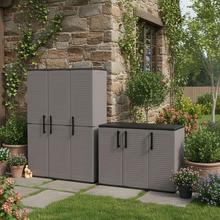 Set Armadi da Esterno Grigio Nero 4 Ripiani Apertura Battente, Resistente ai Raggi uv Impermeabile Made in Italy - Orvinio