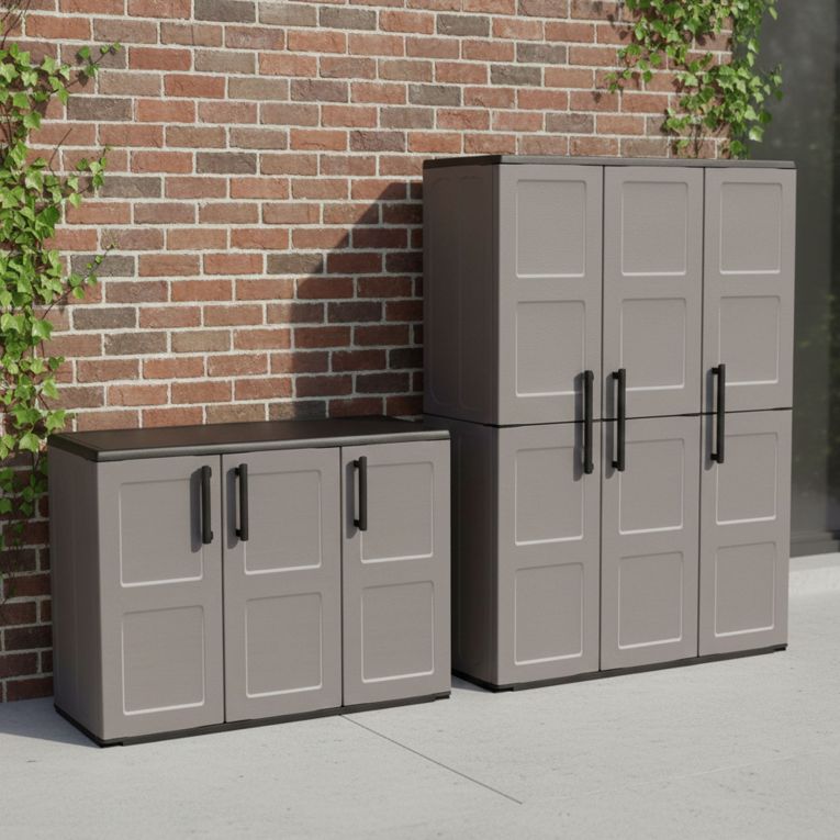 Set Armadi da Esterno Nero Grigio 4 Ripiani Apertura Battente, Resistente ai Raggi uv Impermeabile Made in Italy - Orvinio