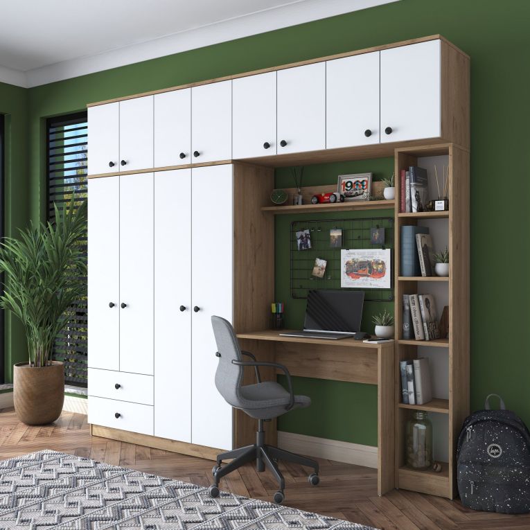 Set Camera da Letto Bianco Marrone Noce Appendiabiti 2 Cassetti, 13 Ripiani - Caprie