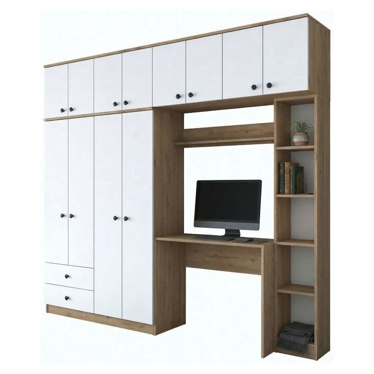 Set Camera da Letto Bianco Marrone Noce Appendiabiti 2 Cassetti, 13 Ripiani - Caprie