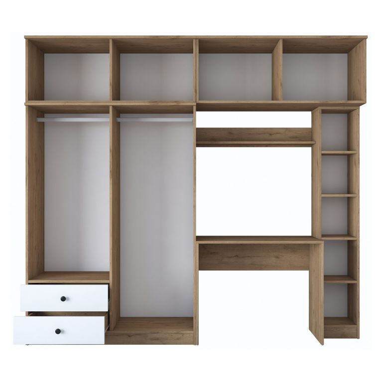 Set Camera da Letto Bianco Marrone Noce Appendiabiti 2 Cassetti, 13 Ripiani - Caprie