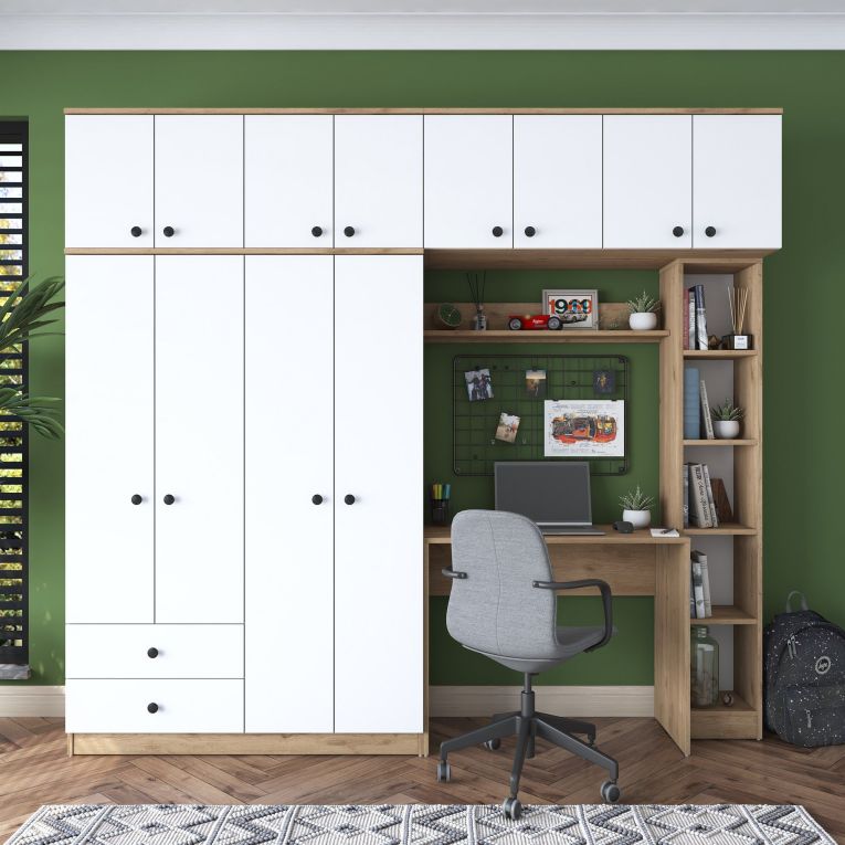 Set Camera da Letto Bianco Marrone Noce Appendiabiti 2 Cassetti, 13 Ripiani - Caprie
