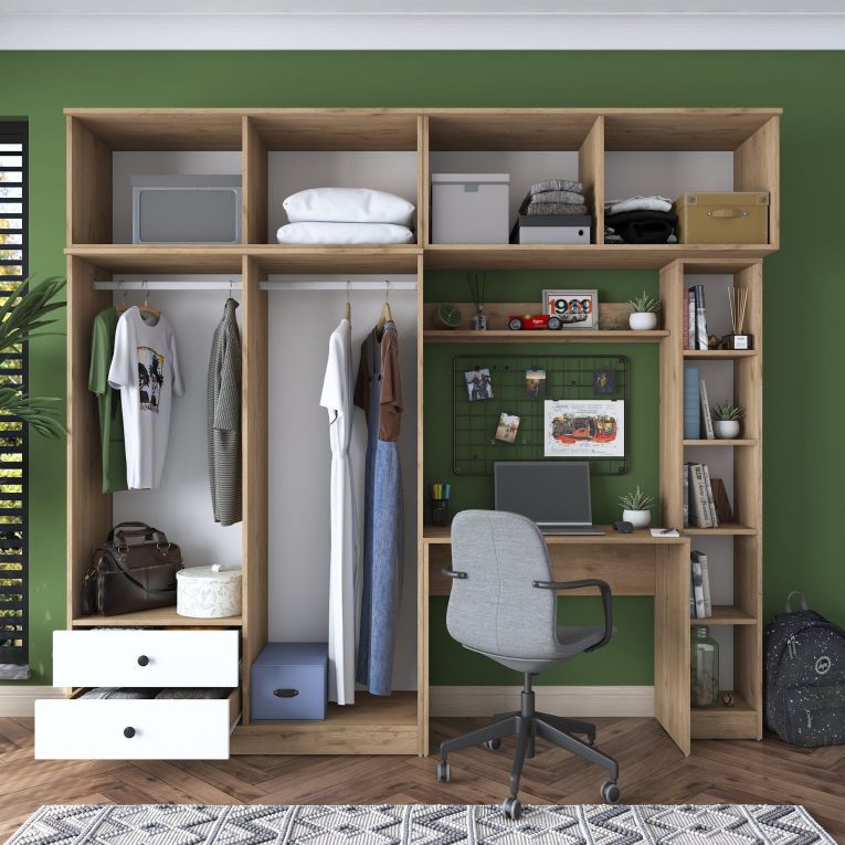 Set Camera da Letto Bianco Marrone Noce Appendiabiti 2 Cassetti, 13 Ripiani - Caprie