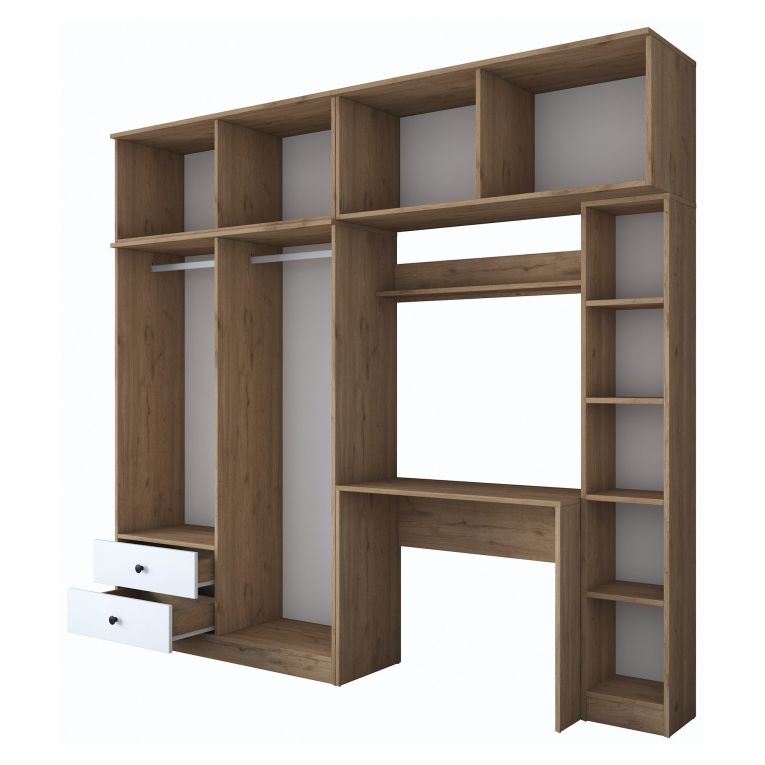 Set Camera da Letto Bianco Marrone Noce Appendiabiti 2 Cassetti, 13 Ripiani - Caprie