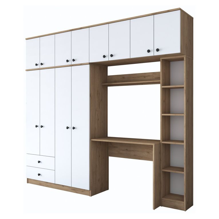 Set Camera da Letto Bianco Marrone Noce Appendiabiti 2 Cassetti, 13 Ripiani - Caprie