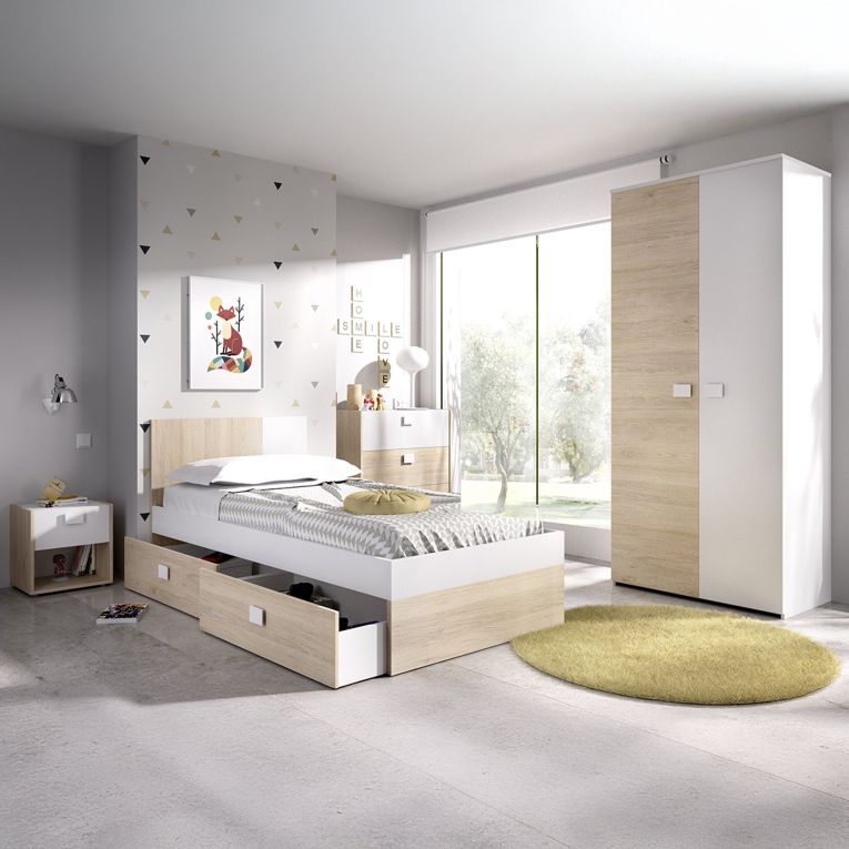 Set Camera da Letto Bianco Marrone Rovere Appendiabiti 6 Cassetti, 6 Ripiani - Redwood