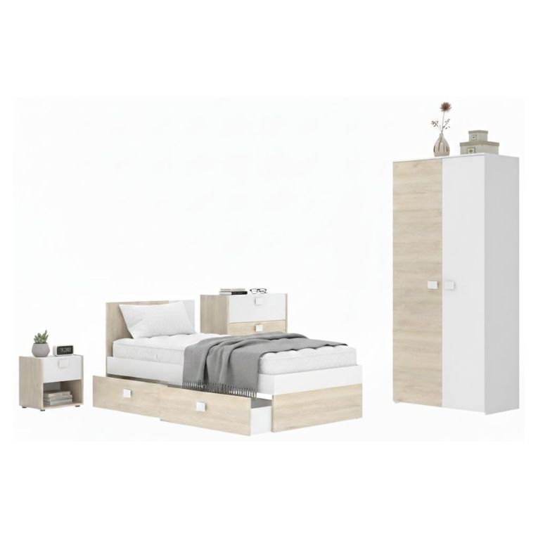 Set Camera da Letto Bianco Marrone Rovere Appendiabiti 6 Cassetti, 6 Ripiani - Redwood