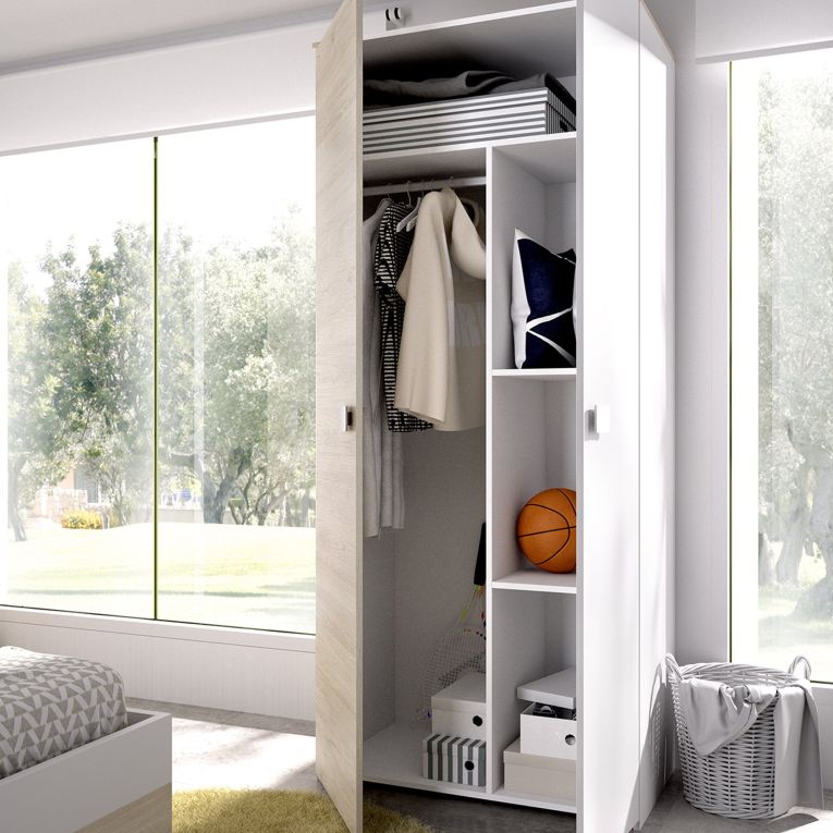 Set Camera da Letto Bianco Marrone Rovere Appendiabiti 6 Cassetti, 6 Ripiani - Redwood