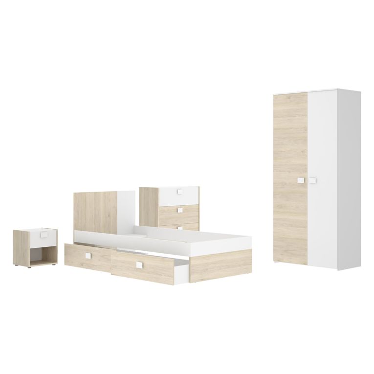 Set Camera da Letto Bianco Marrone Rovere Appendiabiti 6 Cassetti, 6 Ripiani - Redwood