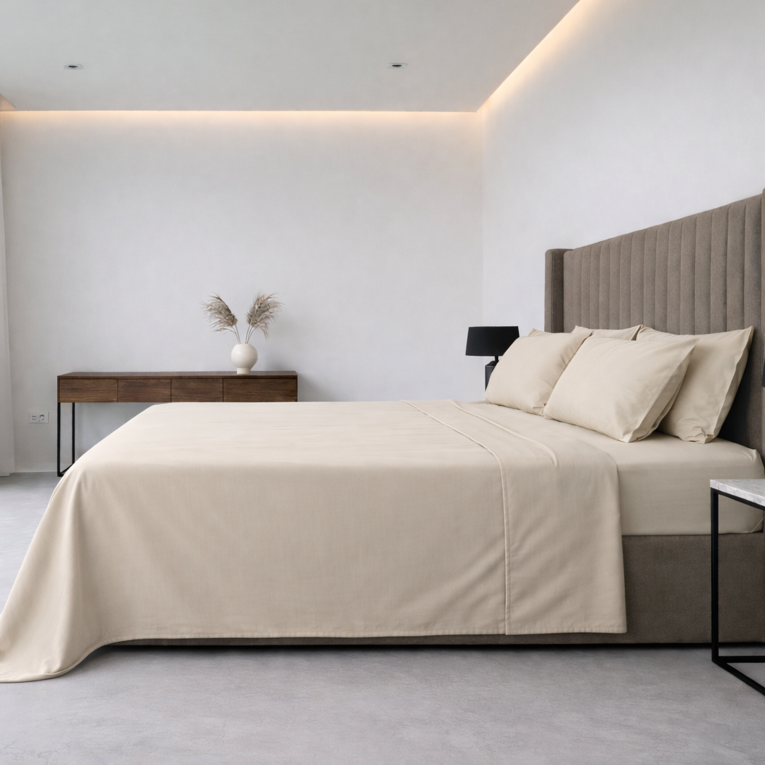 Set Completo Letto Matrimoniale Beige Ecrù 50% Cotone 50% Poliestere , Lavabile in Lavatrice - Sarisa Luxury