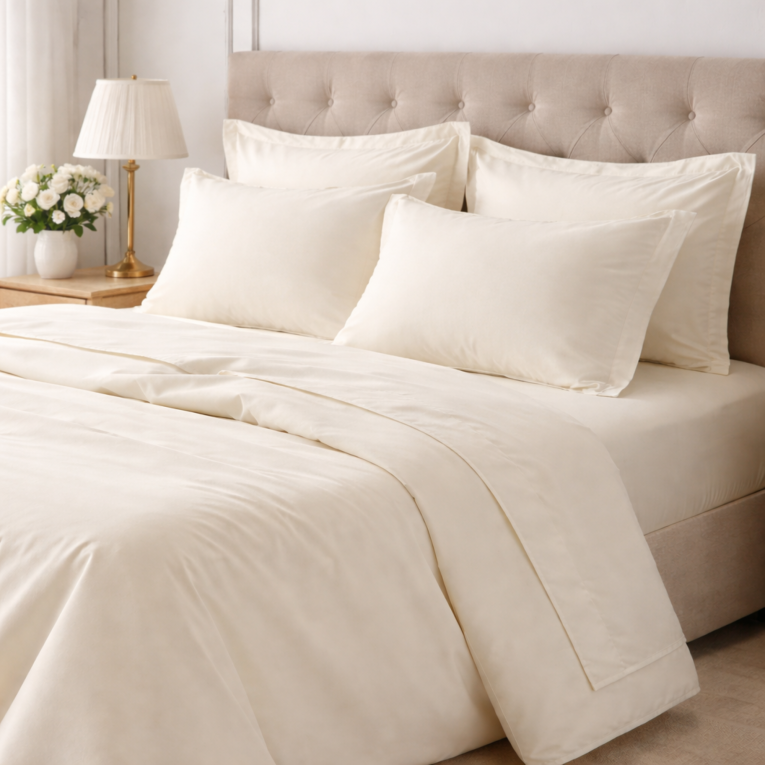 Set Completo Letto Matrimoniale Bianco Avorio 100% Puro Cotone , Lavabile in Lavatrice - Rova Luxury