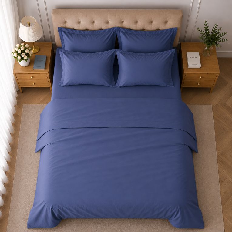 Set Completo Letto Matrimoniale blu 100% Puro Cotone, Lavabile in Lavatrice - Rova Luxury