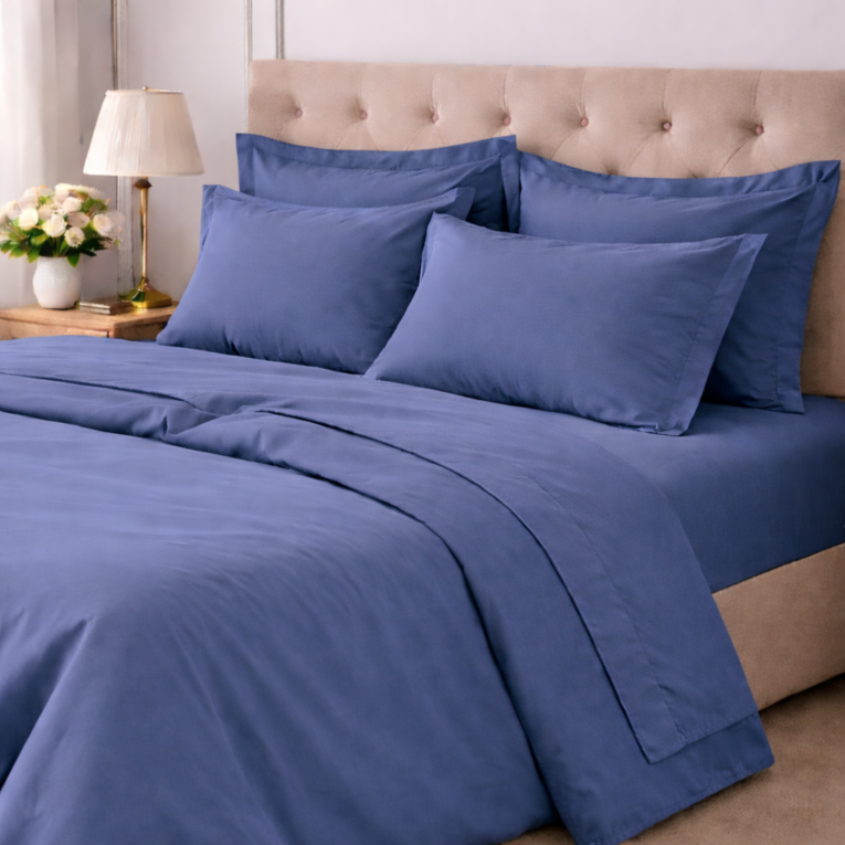 Set Completo Letto Matrimoniale blu 100% Puro Cotone, Lavabile in Lavatrice - Rova Luxury