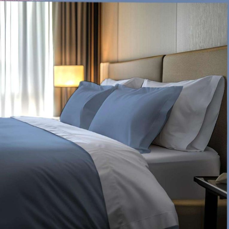 Set Completo Letto Matrimoniale blu Polvere Percalle 170 Fili in Cotone Pettinato e Mercerizzato - Rositene Luxury