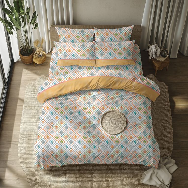Set Completo Letto Matrimoniale Giallo Azzurro 50% Cotone 50% Poliestere, Lavabile in Lavatrice - Sateneha Luxury