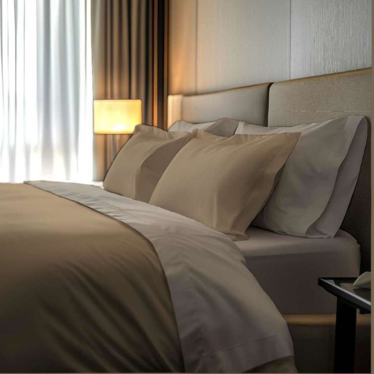 Set Completo Letto Matrimoniale Marrone Bianco Crema Percalle 170 Fili in Cotone Pettinato e Mercerizzato - Rositene Luxury