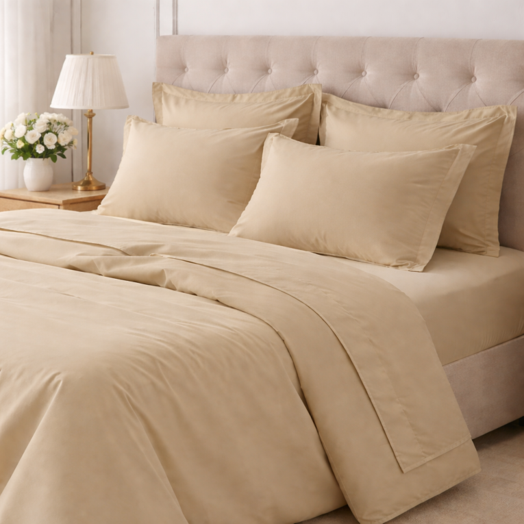 Set Completo Letto Matrimoniale Marrone Sabbia 100% Puro Cotone , Lavabile in Lavatrice - Rova Luxury