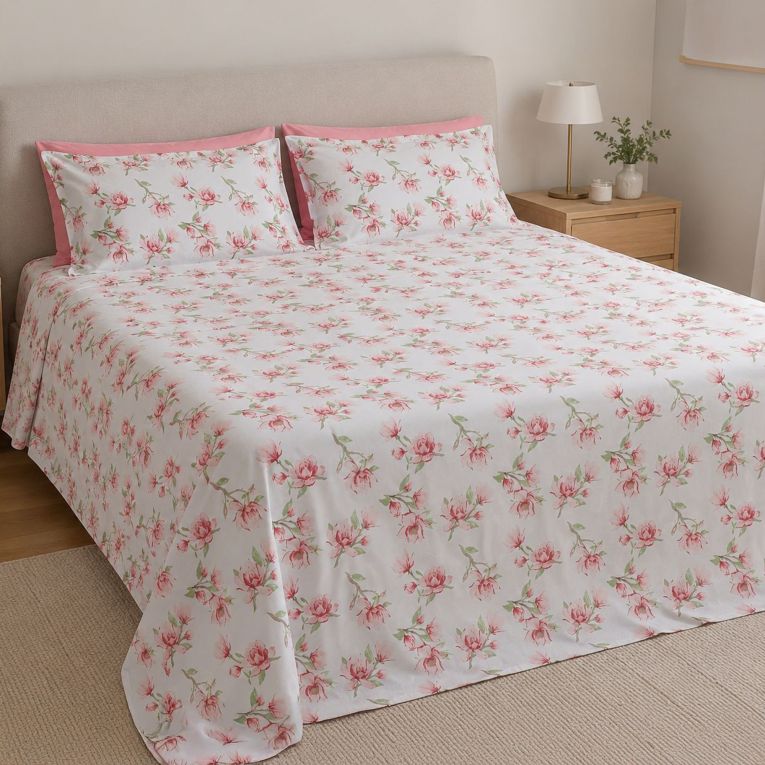 Set Completo Letto Matrimoniale Rosa Bianco Percalle 210 Fili in Cotone Pettinato e Mercerizzato - Saliro Luxury
