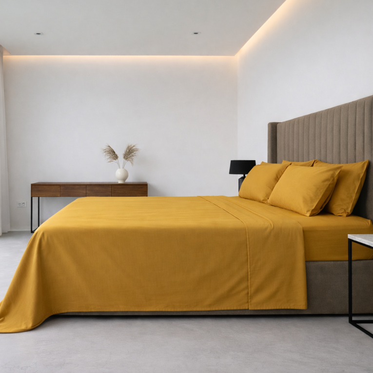Set Completo Letto Singolo Giallo Senape 50% Cotone 50% Poliestere , Lavabile in Lavatrice - Sapatalo Luxury