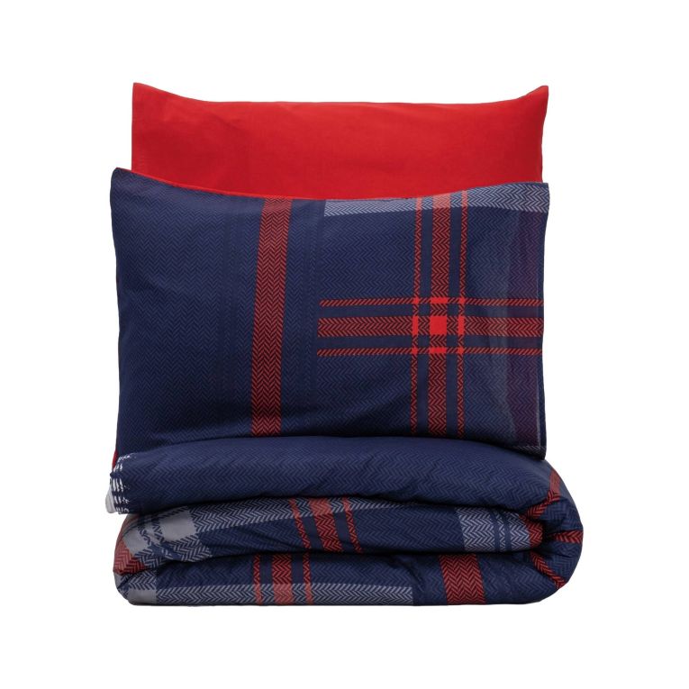Set copripiumino singolo e 1 federa Tigard, 220x155 cm, Rosso e Blu