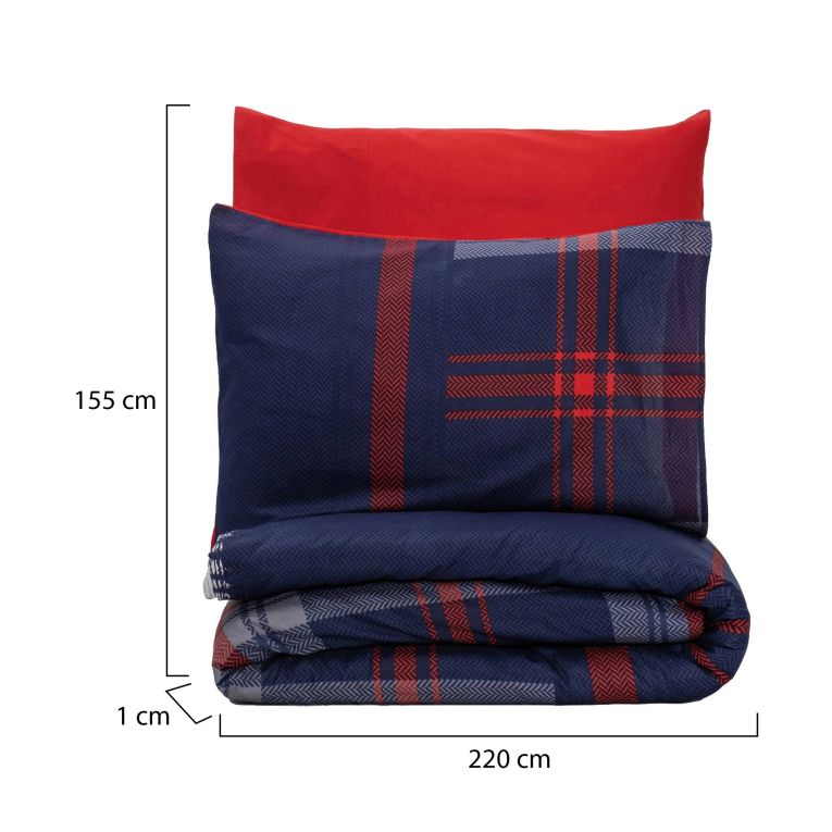 Set copripiumino singolo e 1 federa Tigard, 220x155 cm, Rosso e Blu