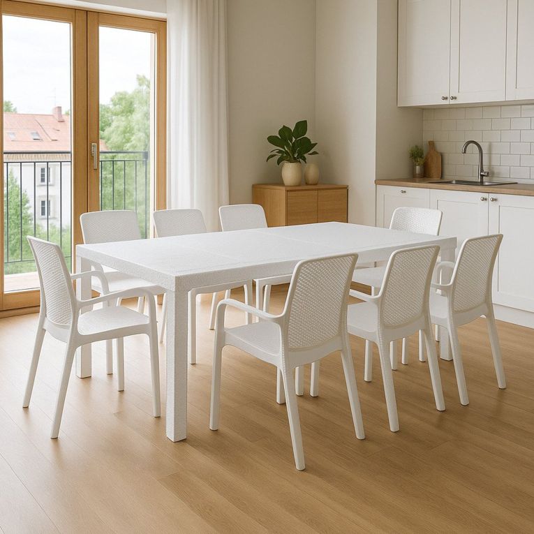 Set da esterno tavolo allungabile 10 posti e 8 sedie bianco - Cortanze