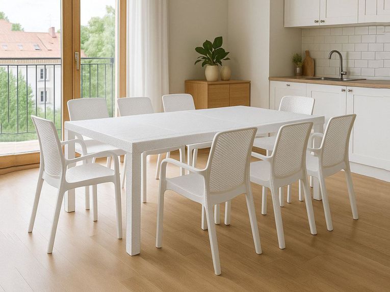 Set da esterno tavolo allungabile 10 posti e 8 sedie bianco - Cortanze