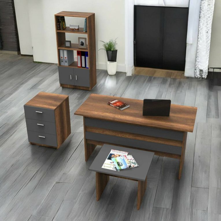 Set da ufficio Bosona, Composizione da studio, Kit ufficio, Set scrivania e cassettiera, Noce e Antracite