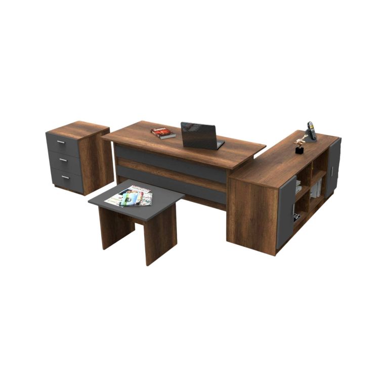 Set da ufficio Caroli, Composizione da studio, Kit ufficio, Set scrivania e cassettiera, Noce e Antracite
