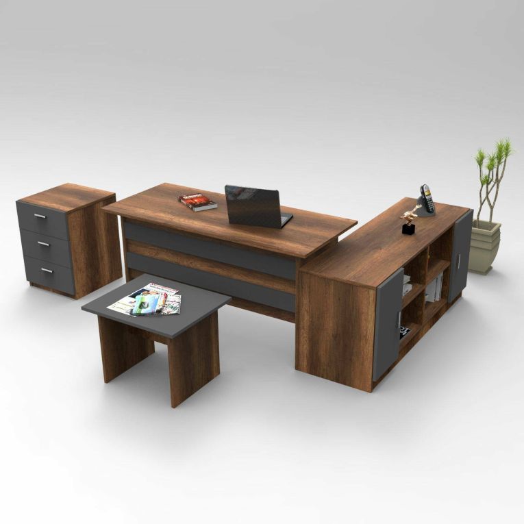 Set da ufficio Caroli, Composizione da studio, Kit ufficio, Set scrivania e cassettiera, Noce e Antracite
