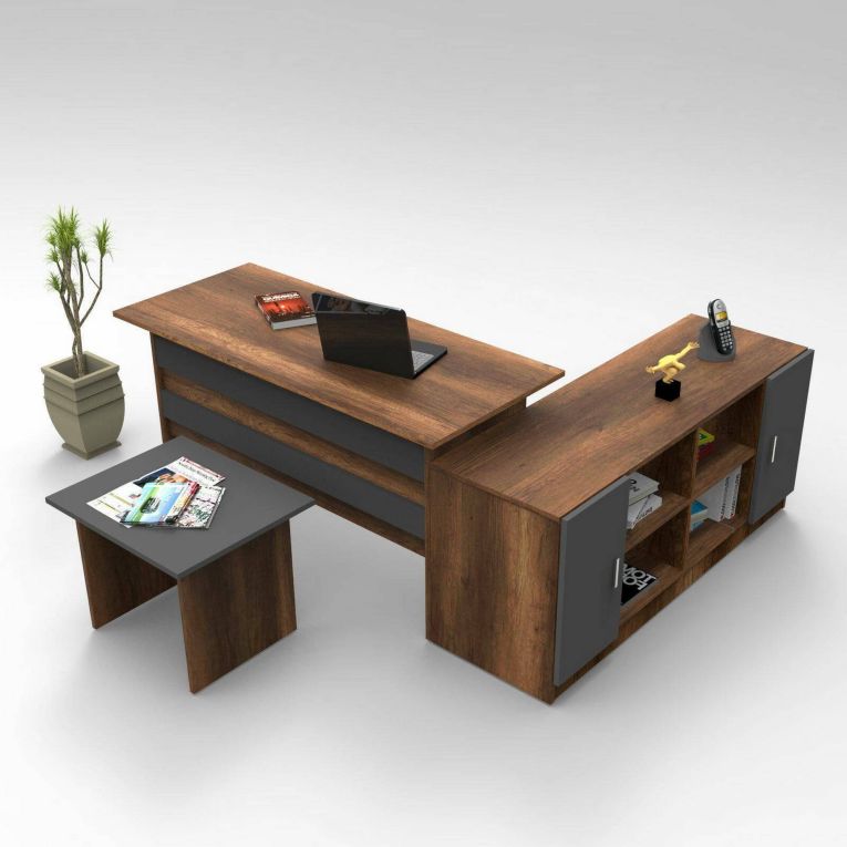 Set da Ufficio Marrone Noce Nero Antracite Modulabile 3 Ripiani, 3 Cassetti - Harriet