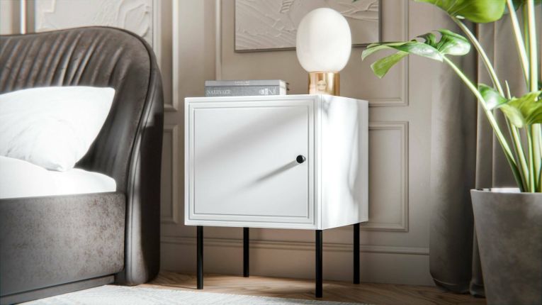 Set di 2 comodini Albufeira, Comò basso con anta battente e vano interno, Finitura effetto liscio con dettaglio geometrico, 45x39 h59 cm, Bianco