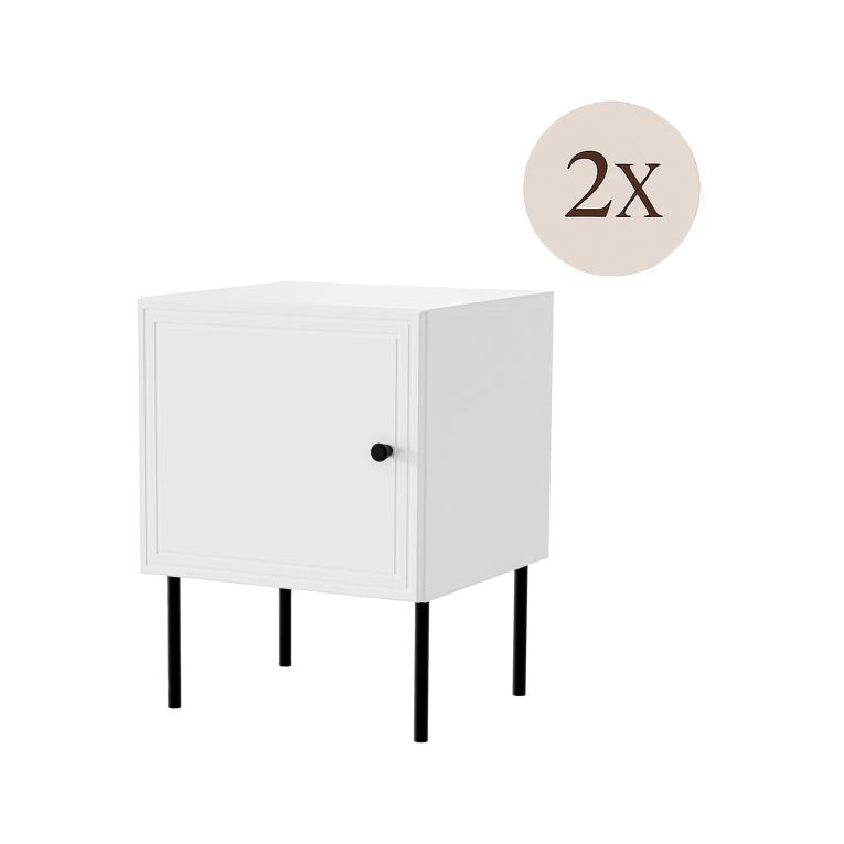Set di 2 comodini Albufeira, Comò basso con anta battente e vano interno, Finitura effetto liscio con dettaglio geometrico, 45x39 h59 cm, Bianco