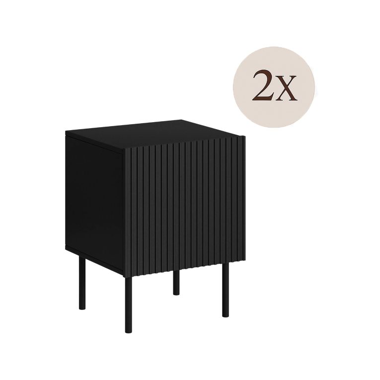 Set di 2 comodini Almada, Comò basso con anta battente e vano interno, Finitura effetto cannettato, 45x40 h51 cm, Nero