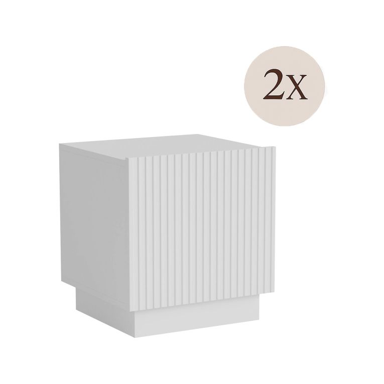 Set di 2 comodini Alverca, Comò basso con anta battente e vano interno, Finitura effetto cannettato, 47x40 h45 cm, Bianco