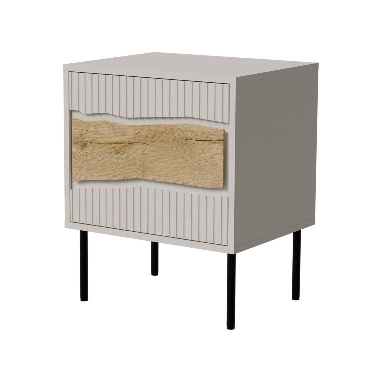 Set di 2 comodini Conde, Comò basso con anta battente e vano interno, Finitura effetto liscio, 50x40 h62 cm, Beige e Rovere Nodi