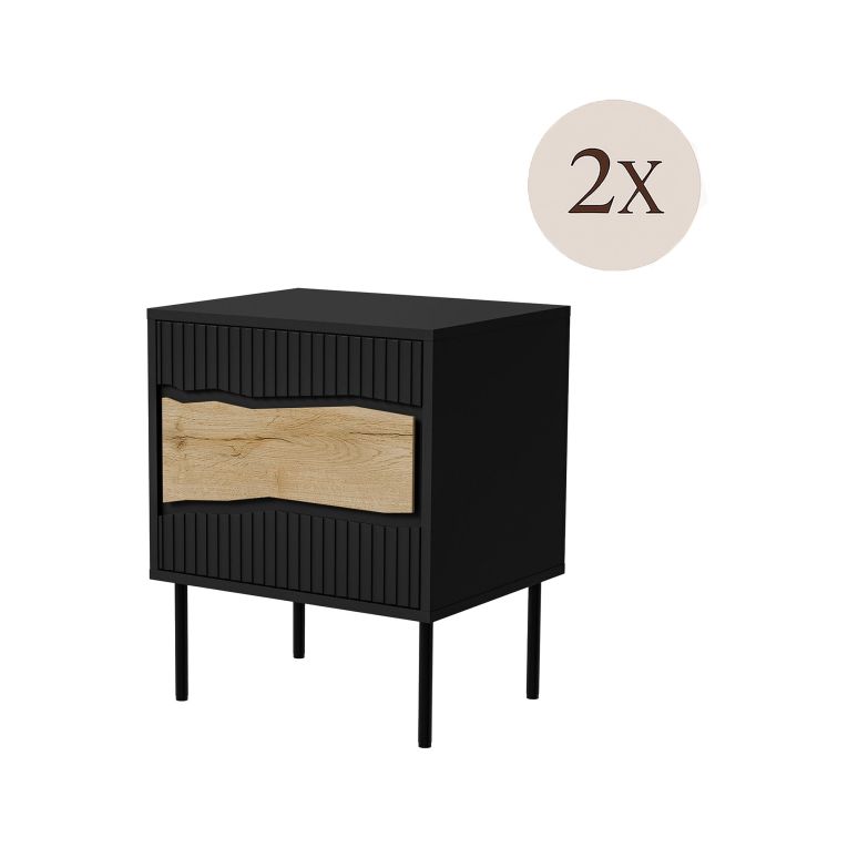 Set di 2 comodini Conde, Comò basso con anta battente e vano interno, Finitura effetto liscio, 50x40 h62 cm, Nero e Rovere Nodi
