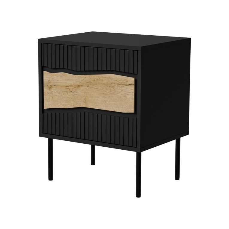 Set di 2 comodini Conde, Comò basso con anta battente e vano interno, Finitura effetto liscio, 50x40 h62 cm, Nero e Rovere Nodi